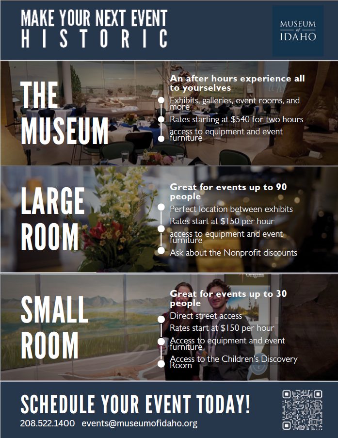 Museum of Idaho event rental flyer in navy, showing the museum, a large room and a small room